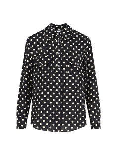 Aspesi black silk polka dot shirt with all-over contrasting polka dot pattern, French collar, snap button closure, button cuffs, two flap pockets with snap button on the chest, curved hem. Composition: 100% Viscose Polka Dot Button-up Blouse For Work, Long Sleeve Polka-dot Blouse With Button Closure, Polka Dot Long Sleeve Blouse With Button Closure, Polka Dot Blouse With Button Closure For Workwear, Polka Dot Shirt With Button Closure For Work, Polka Dot Long Sleeve Shirt For Workwear, Polka Dot Collared Blouse For Work, Polka Dot Collared Blouse With Button Closure, Polka Dot Long Sleeve Tops For Workwear