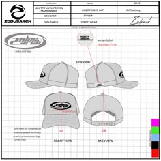 the back and side view of a baseball cap with measurements for each hat, including the front