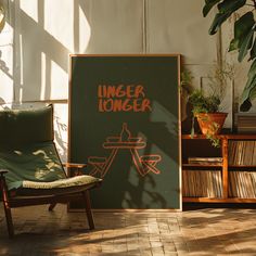 a chair sitting in front of a sign that says ginger longer next to a potted plant