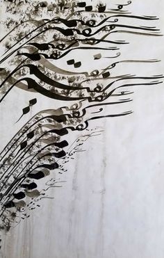 black and white artwork on a wall with multiple lines coming out of the bottom left corner