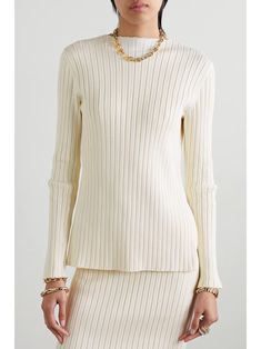 THE ROW Ash open-back ribbed silk sweater | NET-A-PORTER Elegant Long Sleeve Knit Top With Ribbed Neckline, Elegant Ribbed Turtleneck Knit Top, Elegant White Sweater With Ribbed Neckline, Elegant Ribbed Crew Neck Sweater, Elegant Turtleneck Knit Top With Ribbed Neckline, Elegant Ribbed Turtleneck Sweater, Elegant Sweater With Ribbed Neckline For Layering, Elegant White Turtleneck Knit Top, Elegant Sweater With Ribbed Neckline For Work