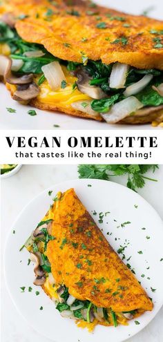 an omelette with mushrooms, spinach and onions is on a white plate