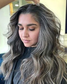 Blending Grey On Dark Hair, Grey Blending For Black Hair, Blending Dark Hair With Grey, Charcoal Hair With Silver Highlights, Highlights For Dark Brown Hair With Gray, Black Hair To Grey Transition, Blending Grays Into Black Hair, Gray Hair Blending Highlights, Highlights For Covering Gray Hair