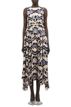 Ulla Johnson "Evita" dress in ikat-inspired print Approx. 47.1”L from shoulder to hem Crew neckline Sleeveless Ruffled waist A-line silhouette Midi length Handkerchief hem Concealed back zip closure Spring Maxi Dress With Ikat Print, Fitted Ikat Print Maxi Dress, Summer Ikat Print Midi Dress, Summer Midi Dress With Ikat Print, Elegant Spring Dress With Ikat Print, Brooklyn Candle Studio, Ulla Johnson Dress, Handkerchief Hem, Mid Dresses