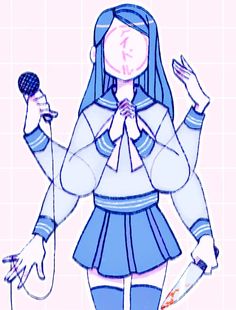 a drawing of a girl with blue hair holding two microphones in one hand and wearing a sailor outfit on the other