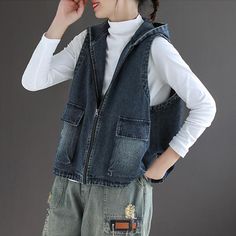 Type: Waistcoat Collar type: Round Neck   Waist type: Loose Pattern: Printed Material: Denim Season: Summer Color: Blue, Black Size: One Size Length: 59.00 cm/ 23.23 " Bust: 126.00 cm/ 49.61 " Shoulder: 39.00 cm/ 15.35 " Hem: 120.00 cm/ 47.24 " Ropa Upcycling, Sleeveless Waistcoat, Denim Waistcoat, Sleeveless Coat, Sleeveless Vest, Denim Coat, Colored Denim, Fall Wardrobe, Denim Vest