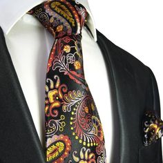 Red, Yellow and Black Paisley Formal Silk Tie and Accessories Luxury Classic Paisley Print Ties, Elegant Multicolor Standard Tie, Elegant Multicolor Formal Suit And Tie Accessories, Elegant Multicolor Suit And Tie Accessories For Formal Occasions, Elegant Business Suit And Tie Accessories With Paisley Print, Black Silk Tie For Formal Occasions, Black Silk Ties For Formal Occasions, Classic Multicolor Suit And Tie Accessories For Business, Elegant Multicolor Paisley Print Ties