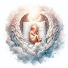 a baby with angel wings laying on top of it's back in the clouds