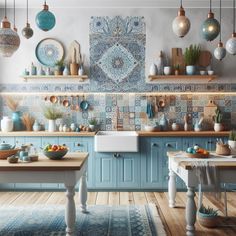 a kitchen filled with lots of blue and white decor