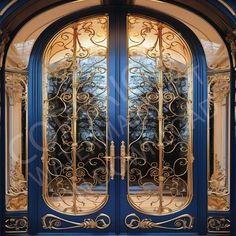 an ornate blue and gold double door with intricate iron work on the glass, in front of a building