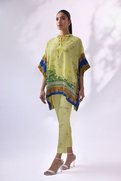 Akia – Sania Maskatiya International Yellow Silk Sets For Spring, Yellow Silk Set For Summer, Spring Yellow Tops With Printed Motifs, Yellow Summer Tops With Printed Motifs, Yellow Digital Print Sets For Summer, Tie And Dye Co Ord Set, Sania Maskatiya Casual, Multicolor Ikat Print Summer Sets, Multicolor Semi-stitched Top With Cutdana Detail