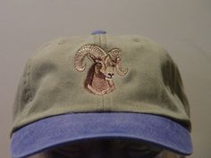 NEW EMBROIDERED BIGHORN SHEEP WILDLIFE BASEBALL HAT (HATS SHOWN ARE KHAKI/ROYAL BLUE, KHAKI/NAVY BLUE AND KHAKI/BURGUNDY) Adams Optimum 6 Panel Two Tone Color Baseball Hat Low Profile - 100% Cotton Twill Adult Cap Pigment Dyed - Garment Washed Hat 6 Panels with Sewn Matching Eyelet Visor with 3 Rows of Stitching Pre-formed Bill - Leather Strap with Brass Grommet Adjustable - One Size Fits Most An Extremely Comfortable Baseball Hat! Enjoy the Embroidered Bighorn Sheep Wildlife Hat! We have 6 Diff Embroidered Hat, One Size Fits Most, Embroidery Apparel, Women Baseball Cap, Bighorn Sheep, How To Wash Hats, Women Baseball, Cap Patterns, Dad Fashion, Simple Fits