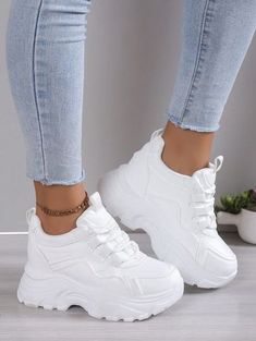 White  Collar     Embellished   Women Shoes White Lace-up Wedge Sneakers, Casual High Heel Platform Sneakers For Spring, Chunky Platform Wedge Sneakers In Synthetic, Trendy White High Heel Wedge Sneakers, Casual High Heel Wedge Sneakers For Spring, White Wedge Sneakers For Streetwear, Spring Wedge Heel Platform Sneakers, Trendy White Wedge Sneakers, Casual Spring Wedge Sneakers