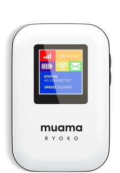 a white electronic device with the word muama on it's display screen and icons