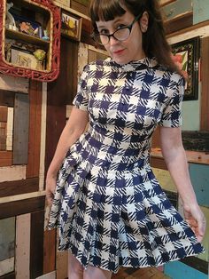 "Adorable 60s silk houndstooth blue and cream print mini dress with buttons- no label  chest 36\" Waist 30\" Hips open Shoulder seam to shoulder seam 15\" Length 33\" Condition very good except one tiny speck spot right below last botton to right (see photos)" Retro Fitted Knee-length Plaid Dress, Fitted Retro Knee-length Plaid Dress, Fitted Knee-length Retro Plaid Dress, Retro Fitted Mini Length Plaid Dress, Retro Fitted Mini Plaid Dress, Retro Fitted Plaid Mini Dress, Fitted Gingham Retro Vintage Dress, Retro Fitted Gingham Vintage Dress, Fitted Gingham Vintage Dress