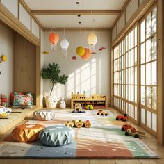 a child's room with toys on the floor and windows in the wall,