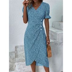 Season:Summer,Spring; Fabric:Polyester; Sleeve Length:Short Sleeve; Look After Me:Wash separately; Gender:Women's; Style:Mature,Modern,Fashion,Classic; Elasticity:Inelastic; Occasion:Holiday,Vacation,Going out,Daily; Fit Type:Regular Fit; Dresses Type:SpringDress,Print Dress,Summer Dress,Floral Dress,Wrap Dress; Pattern:Ditsy Floral,Floral; Design:Print,Button; Neckline:V Neck; Front page:FF; Listing Date:03/29/2023; 2024 Trends:2023; Bust:; Length:; Sleeve:; Fit US Size:; Fit UK Size:; Fit EU S Blue V-neck Dress With Buttons, Fitted Light Blue Dresses With Buttons, Fitted Light Blue Dress With Buttons, Fitted Light Blue Dress With Button Closure, Non-stretch Knee-length Midi Dress With Buttons, Blue Knee-length Dress With Button Closure, Fitted Light Blue Button-up Dress, Spring Blue Dresses With Button Closure, Blue Spring Dress With Button Closure