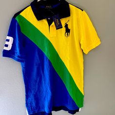 Boys Polo Ralph Lauren Size 14/16 New With Tags Spring Sports Cotton Polo Shirt, Spring Cotton Polo Shirt For Sports, Sporty Yellow Polo Shirt With Short Sleeves, Sporty Yellow Short Sleeve Polo Shirt, Sporty Fitted Multicolor T-shirt, Fitted Multicolor Sporty T-shirt, Casual Multicolor Sports Shirt, Blue Polo Collar Top For School, Yellow Sports Shirt For Summer