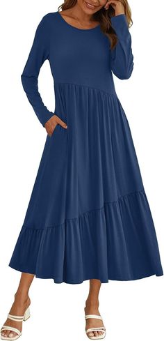 Women's 2024 Casual Dress Crew Neck Long Sleeve Midi Solid Dress Modest Flowy Dresses For Fall, Solid Dresses With Pockets For Fall, Fall V-neck Shift Maxi Dress, Casual A-line Long Sleeve Dress, Flowy Long Sleeve Solid Color Dress, Solid Color Non-stretch Midi Dress, Solid Non-stretch Midi Length Dress, Non-stretch Dresses With Pockets For Fall, Non-stretch Fall Dresses With Pockets