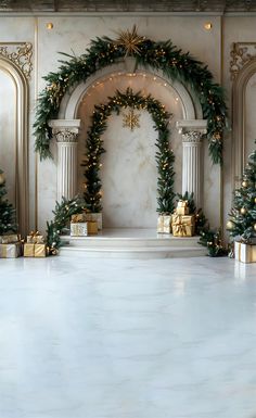 a room decorated with christmas decorations and presents