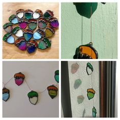 four different pictures with some glass items hanging from the ceiling and in front of them