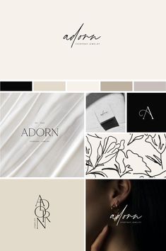 the logo design for adorn is shown in black and white, with an elegant floral pattern