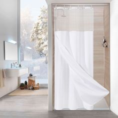 PRICES MAY VARY. Heavy Duty Fabric - High quality waffle woven fabric & waterproof snap-in liner create hotel grade effect for this white shower curtain, so that it could keep in place. The quality curtain is elegant and soft, which can deliver a spa-Like bathroom environment. See-Through Top Window - Light-filtering sheer window valance at head levels lets light in over the tub, while still maintaining privacy, creating a spa shower experience. Removable Liner Design - This high quality shower Hotel Bathroom Decor, Liner Design, Neutral Bathroom, Stall Shower, Stall Shower Curtain, Spa Shower, Spa Like Bathroom, Quality Curtains, Fabric Shower Curtain