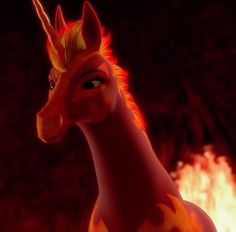 an animated giraffe standing in front of a fire filled sky with flames coming out of its mouth