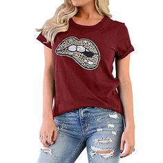 Wine Red Lip Print Distressed Holes Tees Red Short Sleeve T-shirt For Fall, Casual Burgundy Short Sleeve T-shirt, Burgundy Casual Short Sleeve Top, Casual Burgundy Short Sleeve Top, Trendy Burgundy Cotton Tops, Burgundy Short Sleeve Top For Fall, Red Distressed Crew Neck T-shirt, Casual Burgundy Short Sleeve Shirt, Red Distressed Short Sleeve T-shirt