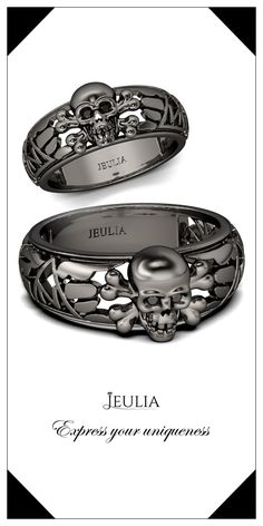 20% Off For This Item, Code pin20.Inspired from Halloween, crafted in black tone sterling silver, this cool skull ring features its skull with bones on the cut-out shank.You can wear the ring separately or stack them together and it will show a unique look on your finger. #Jeulia #skull #skullring Black Skull Print Ring, Elegant Black Skull Ring For Halloween, Unique Black Skull Ring For Halloween, Skull Wedding Ring, Gothic Engagement Ring, Sterling Silver Skull Rings, Skull Engagement Ring, Diamond Skull, Skull Rings