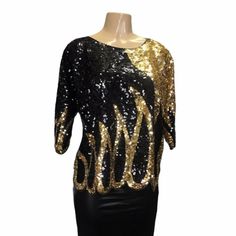 Vintage 80’s Best Quality Hand Embroidered Black And Gold Sequin Blouse Quality Made, Sequins Hand Sewn Beautiful Glamours Design. Fits Like A Size Medium Nwt Glamorous Fall Blouse With Contrast Sequin, Glamorous Contrast Sequin Blouse For Night Out, Glamorous Sequin Blouse For Night Out, Festive Chic Tops With Contrast Sequin, Black Contrast Sequin Top For Evening, Evening Black Top With Contrast Sequin, Holiday Sequin Blouse For Night Out, Gold Tops For Evening Wear In Fall, Chic Contrast Sequin Evening Tops