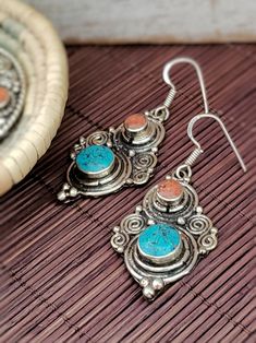 Turquoise Earrings with Coral Accent - Summer Indigo Traditional Turquoise Earrings With Natural Stones, Monica Style, Turquoise Coral Jewelry, Navajo Silver Jewelry, Tibetan Earrings, Vintage Turquoise Jewelry, Turquoise Stone Jewelry, Coral Accents, Malachite Earrings