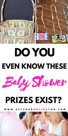 the baby shower prize is shown with balloons and money