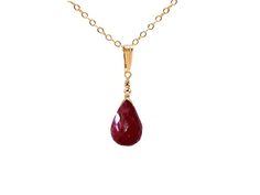 Red Ruby faceted briolette drop is approx. 10x7mm 14k yellow gold filled cable chain 14k yellow gold filled stamped lobster clasp Total length is approx. 18 inches ( include clasp) Your jewelry will arrive in a beautiful gift box. #14500RBW5P Red Drop Jewelry For Gift, Red Drop-shaped Jewelry For Gift, Red Ruby Drop Jewelry, Red Drop Jewelry For Anniversary, Red Gemstone Drop Jewelry, Red Drop Gemstone Jewelry, Red Teardrop Jewelry For Anniversary, Ruby Teardrop Jewelry For Valentine's Day, Teardrop Ruby Jewelry For Valentine's Day