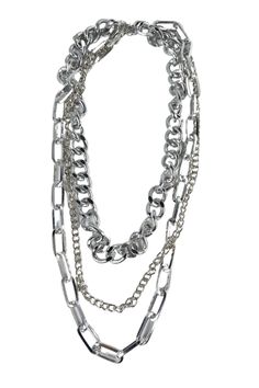 The combination of three different chains in one necklace makes the Elle Multi Chain Layered Necklace in Silver a go-to accessory. This necklace features a rolo chain and two types of curb chains. Get an easy layered look with the Elle Multi Chain Layered Necklace. Length:  * 18.5" approx. Luxury Sterling Silver Beaded Chain Necklace, Luxury Silver Station Necklace Fine Jewelry, Trendy Chain Link Layered Necklace, Trendy Layered Necklace With Double Chain Link, Trendy Layered Chain Link Necklace, Trendy Multi-strand Layered Chain Necklace, Silver Chain Link Layered Necklace, Multi-strand Chunky Chain Necklace For Layering, Chunky Chain Multi-strand Necklaces For Layering