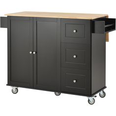 a black kitchen cart with drawers on wheels