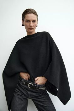 ASYMMETRIC KNIT CAPE - Black | ZARA United States Oversized Cape With Cape Sleeves, Chic Oversized Cape Poncho, Elegant Oversized Poncho Cape, Chic Oversized Poncho Cape, Elegant Batwing Sleeve Poncho For Fall, Elegant Oversized Cape Poncho, Chic Oversized Cashmere Cape, Oversized Winter Cape Top, Chic Cashmere Cape For Winter