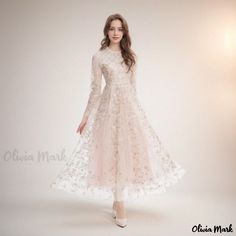 Olivia Mark - Exquisite Embroidered Net Tulle Maxi Dress with Waist Cinching Embroidered A-line Midi Dress For Wedding, A-line Maxi Dress With Floral Embroidery For Wedding, Embroidered A-line Midi Dress For Party, Spring Wedding Lace Dress With Intricate Embroidery, Embroidered Lace Dress For Spring Wedding, A-line Lace Dress With Floral Embroidery For Wedding, Floral Applique Long Sleeve Wedding Dress, Feminine Party Dresses With Intricate Embroidery, Embroidered Lace Wedding Dress For Spring