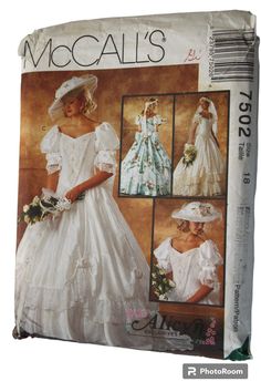 an image of a woman's wedding dress and bonnet on the cover of a sewing pattern