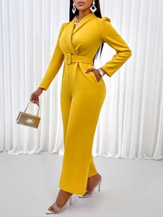 Amarillo  Collar manga larga Tela  Más Embellished No-Elástico Long Sleeve Jumpsuits And Rompers For Office, Elegant Yellow Jumpsuits And Rompers For Work, Elegant Yellow Jumpsuits For Workwear, Yellow V-neck Jumpsuits And Rompers For Work, Chic Yellow Long Sleeve Jumpsuits And Rompers, Elegant Long Sleeve Jumpsuits And Rompers With Pockets, Elegant Yellow Long Sleeve Jumpsuit/romper, Elegant Yellow Long Sleeve Jumpsuit, Business Casual Outfits For Work