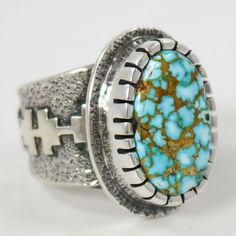 Sterling Silver Ring with Appliqué Designs and set with Natural Kingman Turquoise from Arizona. Ring Size: 11.625” Setting Width, .875” Setting Height.5” Band Width Appliqué Designs, Zuni Jewelry, Concho Belt, Navajo Jewelry, Native Jewelry, Kingman Turquoise, Pendant Rings, Black Stone, Applique Designs