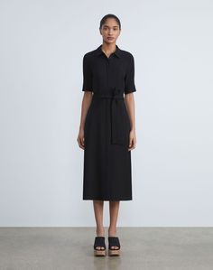 Finesse Crepe Belted Shirtdress Classic Button-up Shirt Dress For Formal Occasions, Classic Midi Dress With Placket For Daywear, Classic Collared Dresses For Work, Formal Button-up Midi Dress With Tie Waist, Short Sleeve Workwear Dresses With Placket, Fitted Collared Shirt Dress For Work, Elegant Collared Midi Dress With Placket, Fitted Semi-formal Shirt Dress With Collared Neckline, Elegant Collared Shirt Dress With Placket