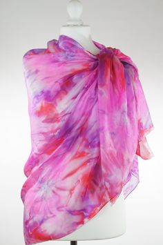 Pink red white silver large silk scarf, hand dyed pure silk scarf, women silk scarf, gift for her, handmade Ticik-art This scarf is a unique product, original and timeless which you can wear daily or at special occasions, very light and soft, a special gift for you. DETAILS:  - Dimension 180 x 90 cm (71 x 35,5 inches) - 100 % pure silk (ponge5) - Hand rolled edges SPECIAL PLUS: This scarf is sent in a present/gift box with a beautiful card including care advice. I can prepare special scarves in Pink Silk Scarf For Beach, Handmade Silk Scarf As Summer Gift, Handmade Silk Scarf Summer Gift, Purple Silk Scarf For Summer Gift, Pink Silk Scarf For Summer Gift, Summer Purple Silk Scarf As A Gift, Pink Silk Scarf For Summer, Pink Scarf As Summer Gift, Pink Scarves For Summer Gifts