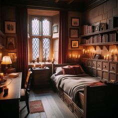 a bedroom with a bed, desk and bookshelf in the corner is lit by candles