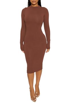 High Stretch Elastane Bodycon Dress, Solid High Stretch Elastane Bodycon Dress, Fitted Solid Color Elastane Midi Dress, Fitted Brown Midi Dress, Fitted Midi Bodycon Dress, Solid Fitted Midi Dress For Night Out, Brown Fitted Midi Dress, Solid Stretch Bodycon Dress With Flattering Silhouette, Spring High Stretch Bodycon Dress