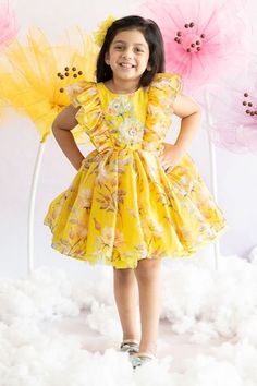 Yellow winged butterfly sleeves dress with all over floral blossom print, back tie-up and sequin hand embroidery on the bodice detailing. - Aza Fashions Festive Yellow Ruffled Dress, Fitted Floral Applique Dress For Festive Occasions, Festive Fitted Dress With Floral Applique, Flutter Sleeve Dresses With Floral Print For Dress-up, Yellow Floral Print Dress For Dress-up, Yellow Floral Print Dress For Dress-up Occasions, Yellow Dresses With Floral Print For Dress-up, Garden Party Dresses With Floral Embroidery And Flutter Sleeves, Floral Print Flutter Sleeve Party Dress