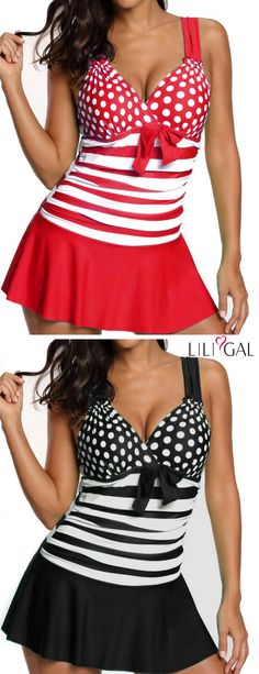 Printed Red Wide Strap Swimdress and Shorts/ Polka Dot Print Wide Strap Black Swimdress and Shorts #liligal #swimwear #swimsuit Bath Suits, Rocky Raccoon, Secret Closet, Beach Stuff, Swimwear Model