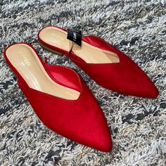 Nwt Express Red Slides Pointed Toe Flats Sz 6 Red Synthetic Flats With Flat Heel, Red Synthetic Flats, Red Pointed Toe Flats With Red Sole, Red Casual Synthetic Flats, Casual Red Synthetic Flats, Red Flats With Red Sole For Fall, Red-soled Flats For Fall, Red Slides, Pointed Toe Flats