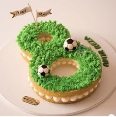 a birthday cake decorated with green grass and soccer balls