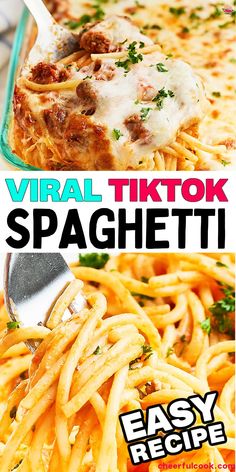 Collage of of two closeup images of the Viral TikTok Spaghetti Pasta recipe. Creative Spaghetti Recipes, Church Supper Spaghetti, Tictoc Pasta, Cheap Spaghetti Recipes, Easy Viral Recipes, Tick Tock Spaghetti, Tik Tok Million Dollar Spaghetti, Tic Toc Spaghetti, Tik Tok Pasta Recipes